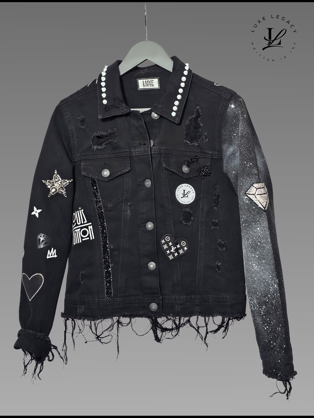 Luxe Legacy Black Embellished Distressed Denim Jacket